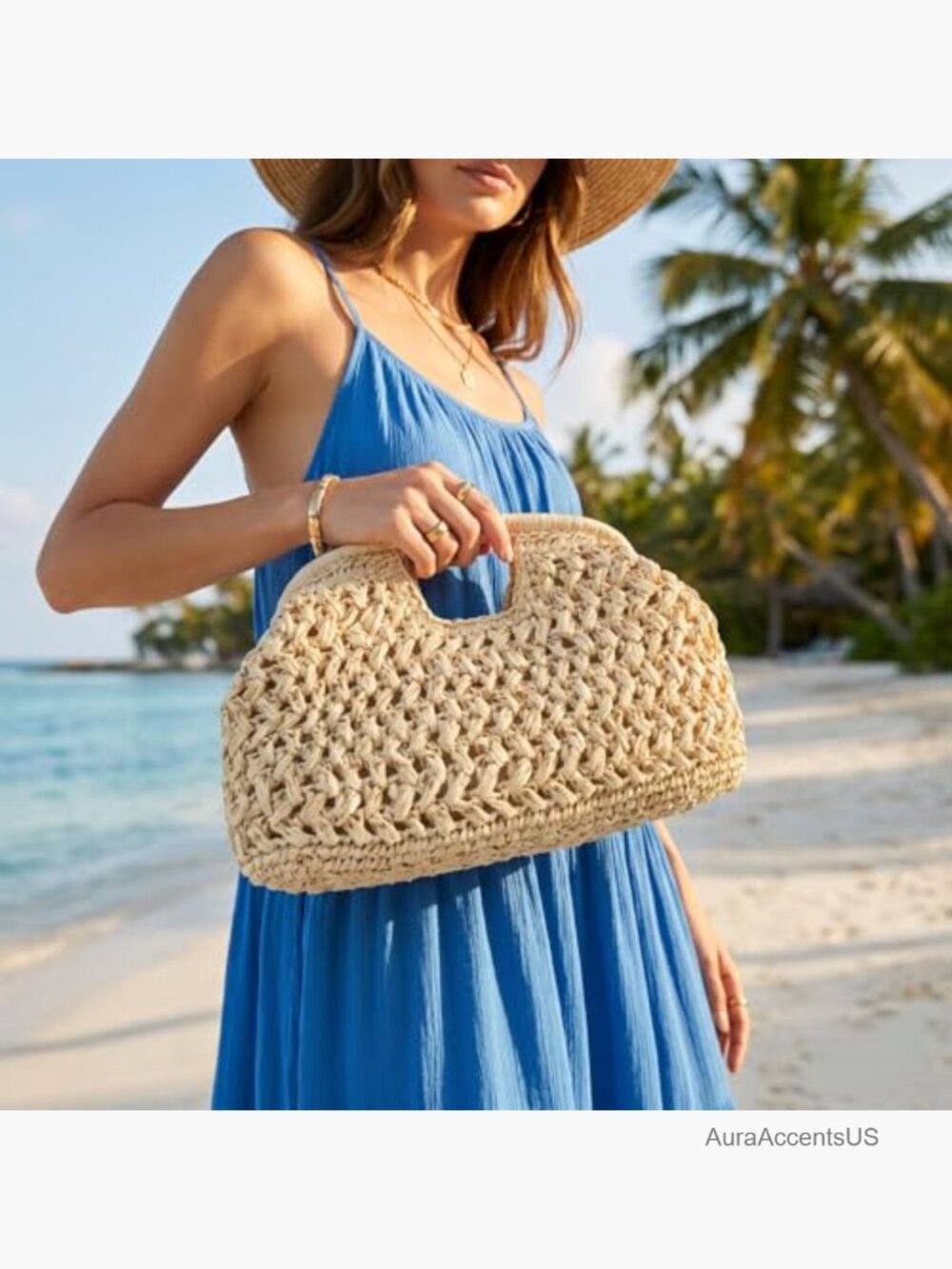 Large Straw Woven Dumpling Clutch Purse, Summer Beach Hobo Tote Bag - Picture 2 of 7